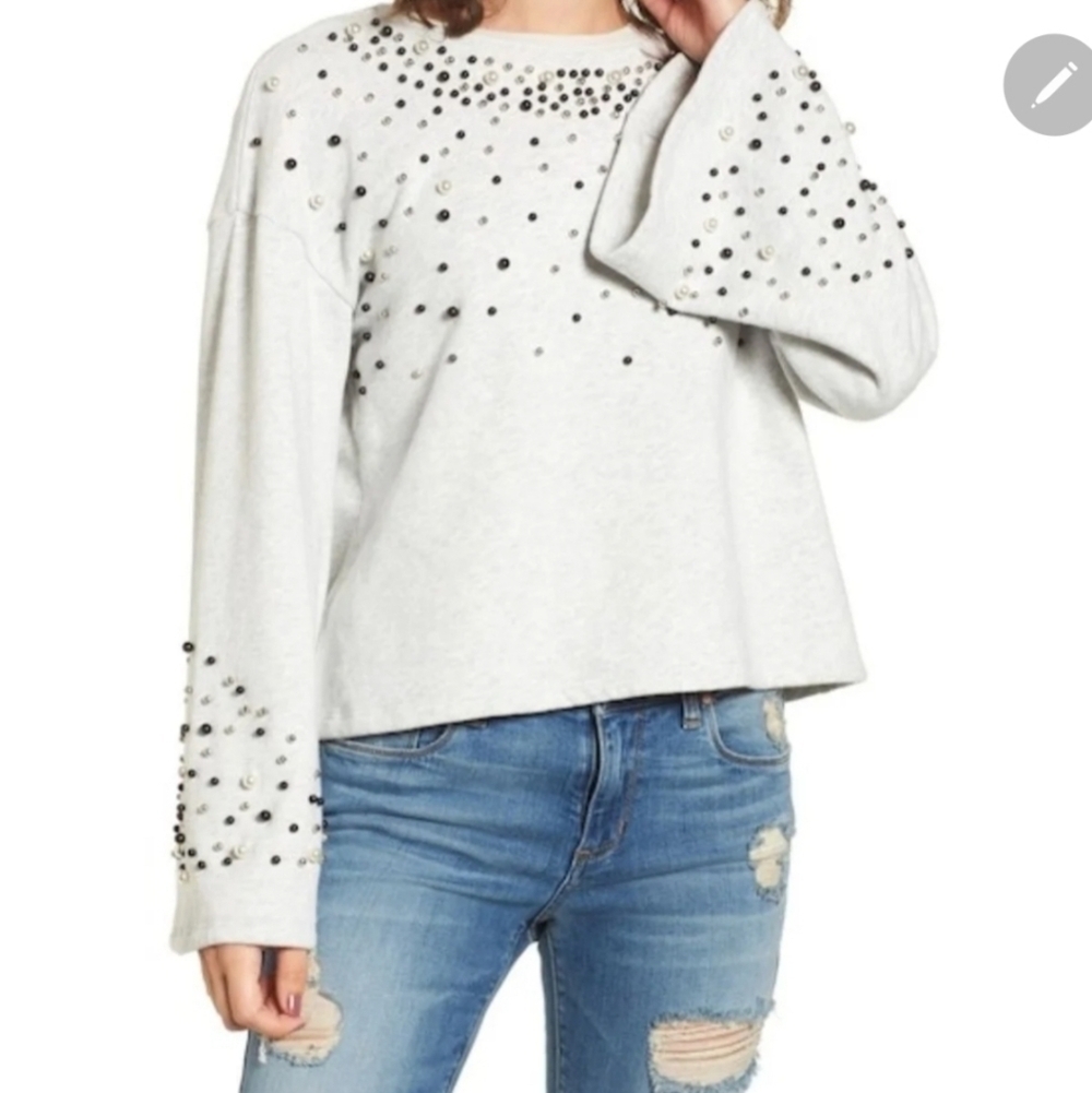 BP SweatshirtBP Gray Pearl & Bead Embellished Bell Sleeve Sweatshirt